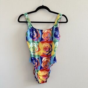 VTG 80 90s XOXO Rose Floral Pop Art Multicolor One Piece Swimsuit XS/S Rave